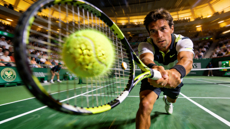 网球大满贯赛场上选手奋力挥拍击球的瞬间